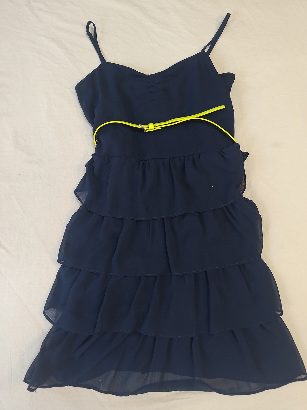 Aeropostale Navy Tiered Ruffle Dress with Neon Yellow Belt Sz M